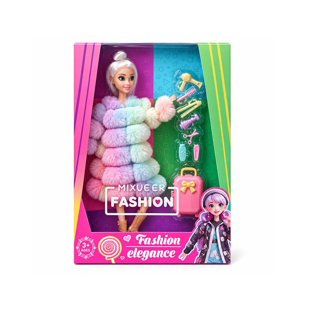 Păpușă cu haină pufoasă și accesorii de coafat (22261)
