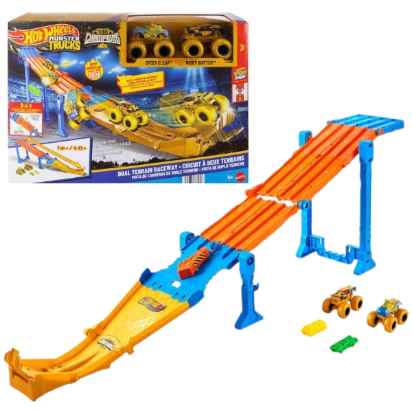 Pistă de curse 2 în 1 Hot Wheels Monster Trucks „Dual Terrain Raceway” cu 2 mașinuțe SKU: JMW70