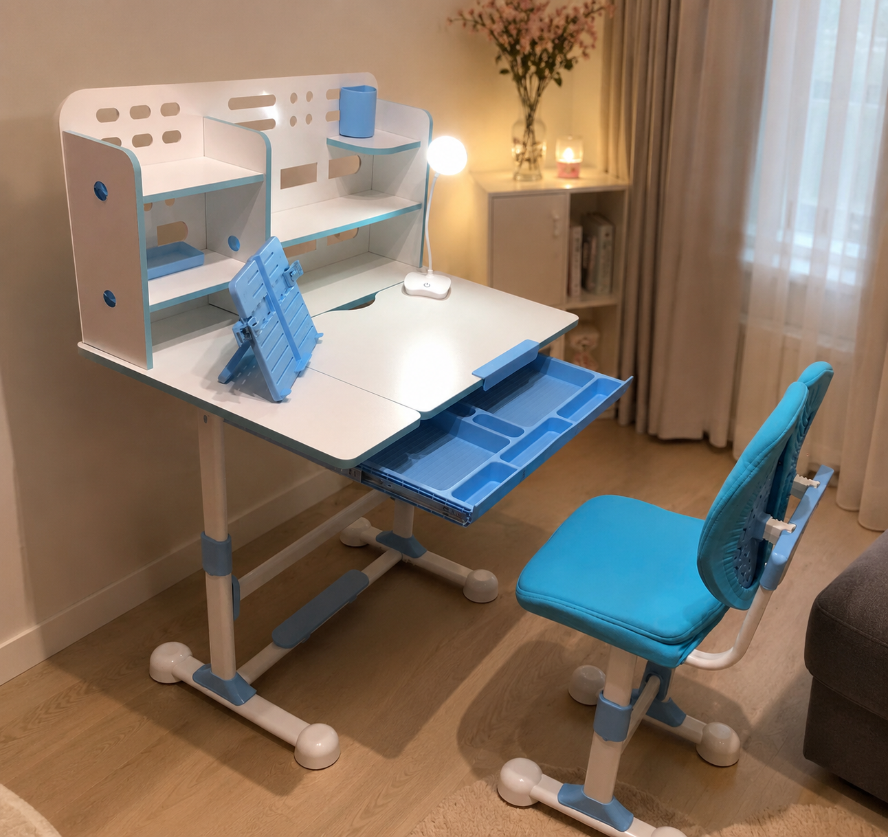 Set birou pentru copii cu scaun reglabil, rafturi pentru cărți și lampă LED, 80×56 cm, albastru (678917)